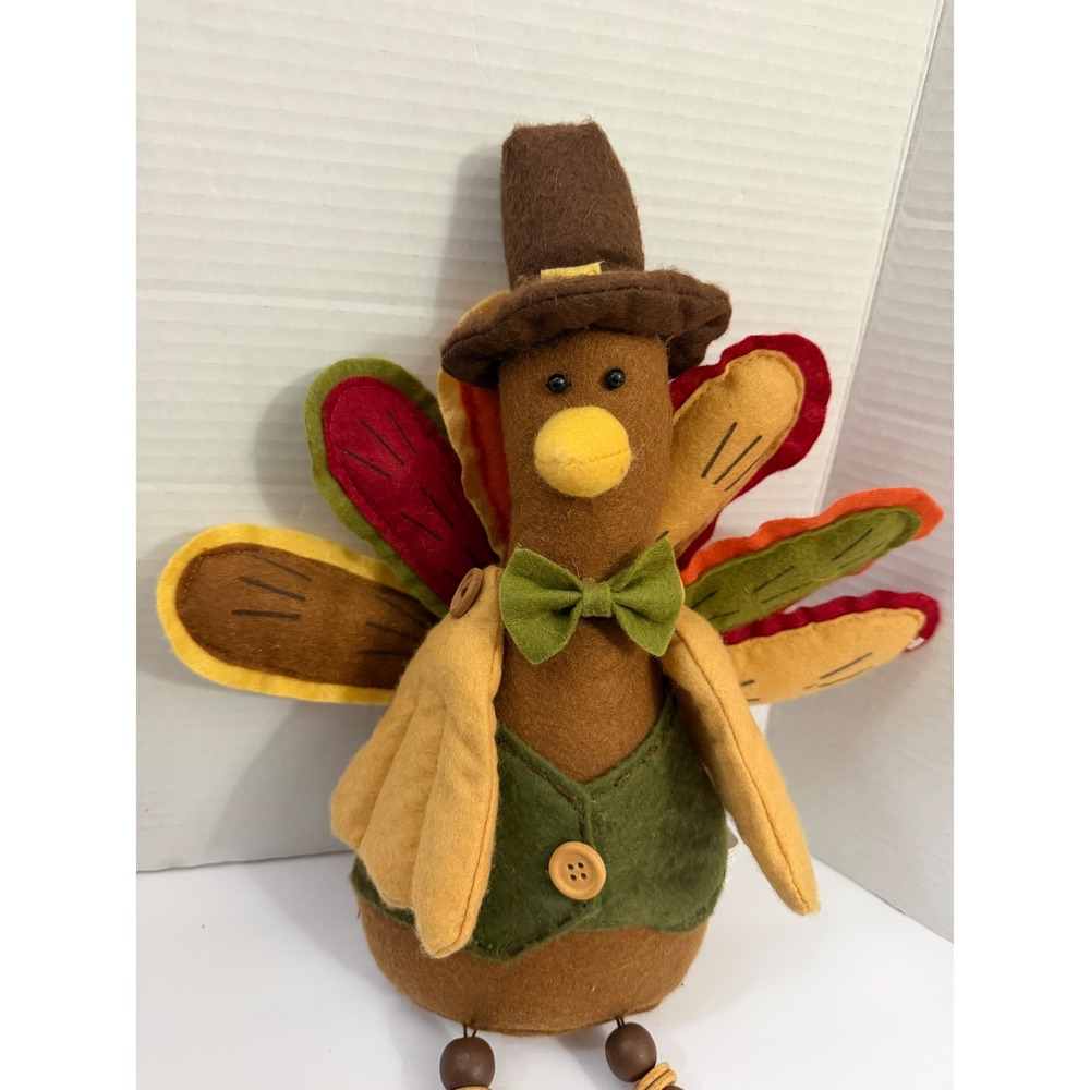 Plush Thanksgiving Turkey Figurine Pilgrim Hat Beaded Dangle Legs Fall Decor